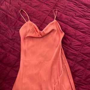 Silky coral slip dress. Side slit, spaghetti strap.